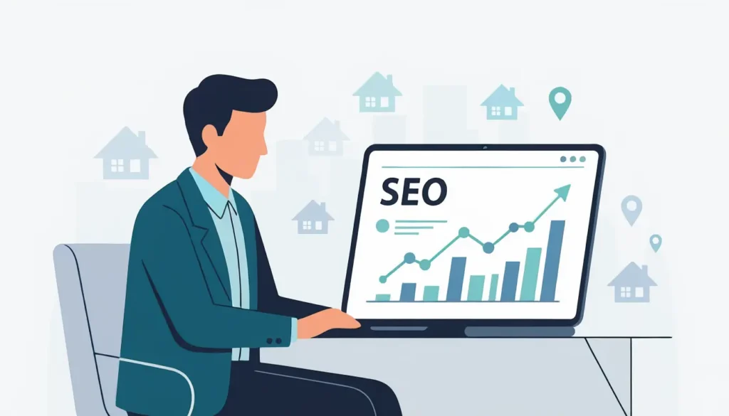 Property management professional evaluating SEO agency analytics and ranking results on a laptop